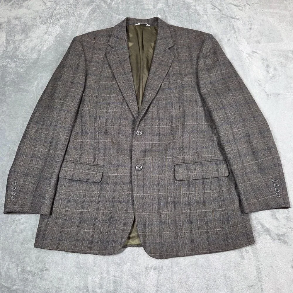 Joseph & Feiss Sport Coat Mens 44R Gray Brown Glen Plaid Wool Blazer Jacket
